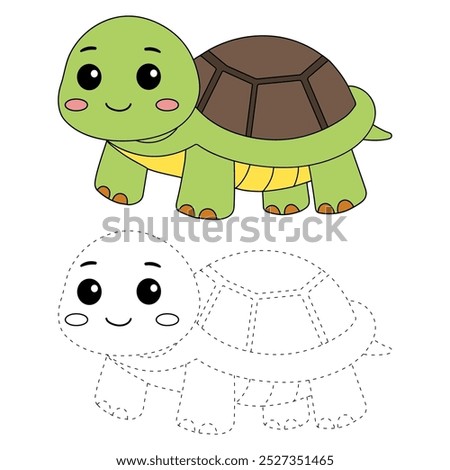 A cute turtle coloring pages for kids. Trace and color turtle. Hand drawn turtle outline illustration vector for coloring books. Kindergarten and preschool animal worksheets printable for kids.