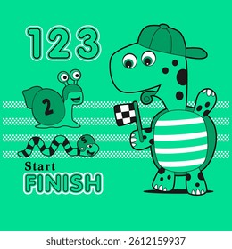 Cute turtle competition with snake and snail, Nature Animal Cartoon, isolated Flat Vector Illustration