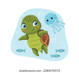 Cute turtle concept. Adorable character swims with jellyfish in sea or ocean. Toy or mascot for children. Symbol of summer season, tropic and exotic. Cartoon flat vector illustration