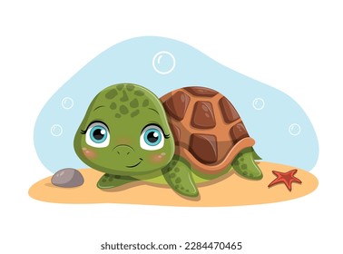 El concepto de tortuga. Carácter encantador y lindo, habitante marino. Biología y fauna, carácter tropical y exótico. Afiche o cartel para el sitio web. Dibujo vectorial plano de dibujos animados