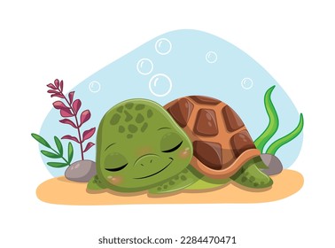 El concepto de tortuga. El carácter encantador duerme sobre los fondos marinos, la fauna y la biología, la vida silvestre. Fondos marinos y representativos del mundo submarino, corales y adoquines. Dibujo vectorial plano de dibujos animados