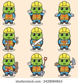 Cute Turtle Construction Contractor Illustration. Vector illustration of a cute building foreman Turtle . Cute Turtle construction worker cartoon. Flat Cartoon Style.