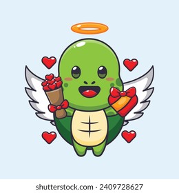 Cute turtle cupid cartoon character holding love gift and love bouquet.