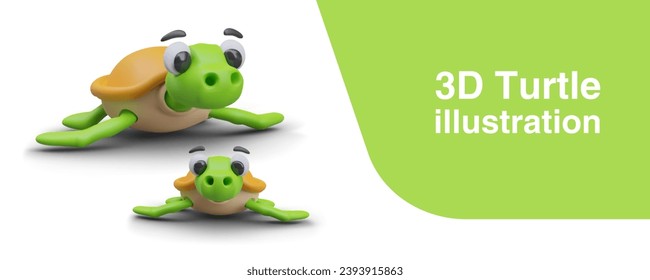 Cute turtle in different positions. Placard with realistic turtle on white background with green elements. Terrarium animal for online game. Vector illustration with place for text