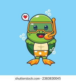 Cute turtle diving cartoon mascot character illustration. Cute summer cartoon illustration. 