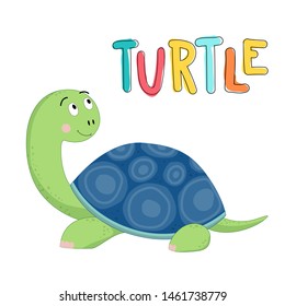 Cute turtle drawn vector illustration with lettering Turtle. Vector illustration for design of children's illustrations, books, posters, cards, typography, comics and banners.