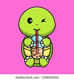 Cute Turtle Drink Boba Milk Tea Cartoon Vector Icon Illustration. Flat Cartoon Concept