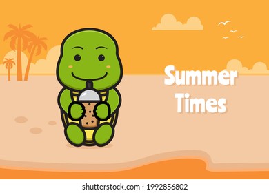 Cute turtle drink boba with a summer greeting banner cartoon vector icon illustration. Design isolated on orange. Flat cartoon style.