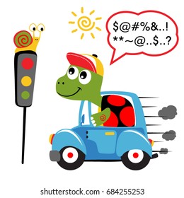 Cute turtle driving car with snail on stoplight, vector cartoon illustration