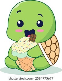 Cute Turtle Eat Ice Cream Cartoon Character Vector Illustration!  This charming design is perfect for adding a touch of fun and whimsy to your creative projects. 