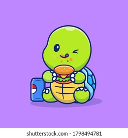 Cute Turtle Eating Burger And Soft Drink Cartoon Vector Icon Illustration. Animal Food Icon Concept Isolated Premium Vector. Flat Cartoon Style