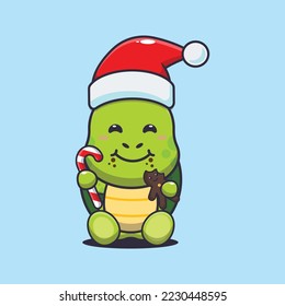 Cute turtle eating christmas cookies and candy. Cute christmas cartoon illustration. 