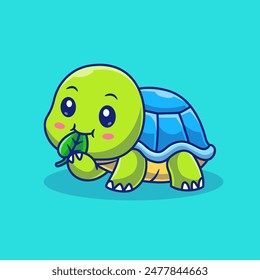 Cute Turtle Eating Leaf Cartoon Vector Icon Illustration. Animal Nature Icon Concept Isolated Premium Vector. Flat Cartoon Style