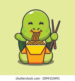 Cute turtle eating noodle. Cute cartoon animal illustration.