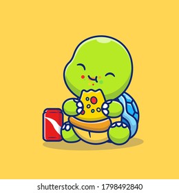 Cute Turtle Eating Pizza With Soda Cartoon Vector Icon Illustration. Animal Food Icon Concept Isolated Premium Vector. Flat Cartoon Style.