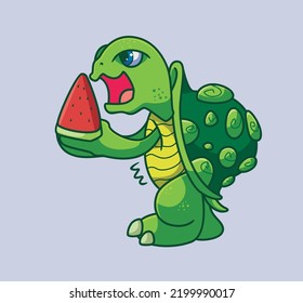 cute turtle eating watermelon. isolated cartoon animal illustration vector
