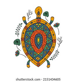 Cute Turtle in ethnic ornament style. Tortoise with floral decor background. Art print isolated on white