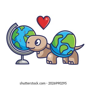 cute turtle fall in love with globe earth. Animal cartoon Isolated Flat Style Sticker Web Design Icon illustration Premium Vector Logo mascot character