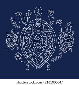 Cute Turtle family in ethnic ornament style. Tortoise with chidren. Floral decor background. Art isolated on blue