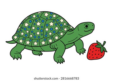 Cute turtle featuring decorative green shell with star and circle patterns looking curiously at ripe red strawberry.