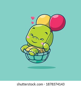 Cute turtle floating with balloon icon illustration. Turtle mascot cartoon character.