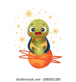 Cute turtle floating in outer space. Adorable baby tortoise character vector illustration
