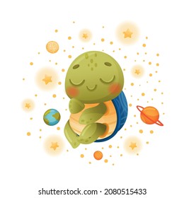 Cute turtle floating in outer space. Adorable baby tortoise character astronaut vector illustration