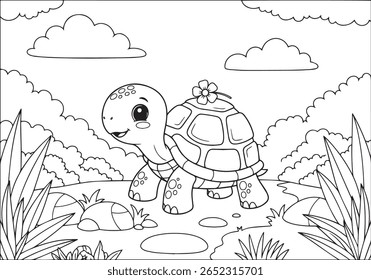 Cute Turtle with a Flower on its Shell, Adorable Cartoon Tortoise in a Natural Habitat with Plants and Clouds - Coloring Page. Vector Illustration