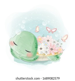 Cute Turtle With Flowers Over His Body