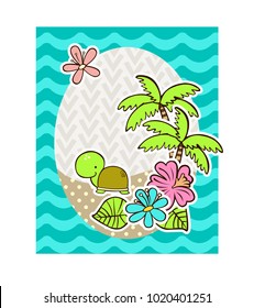 Cute turtle, flowers and palms. Paradise islands. Birthday card. Vector illustration.