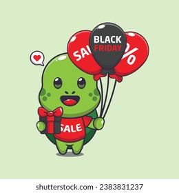 cute turtle with gifts and balloons in black friday sale cartoon vector illustration