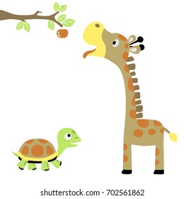 Cute turtle with giraffe try to picking fruit,  vector cartoon illustration