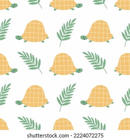 Cute turtle. Green tropical branch. Seamless pattern for sewing children's clothing. African background in nursery. Jungles. Printing on fabric and packaging.