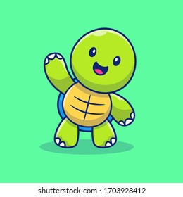 Cute Turtle Hand Up Vector Icon Illustration. Turtle Mascot Cartoon Character. Animal Icon Concept White Isolated. Flat Cartoon Style Suitable for Web Landing Page, Banner, Flyer, Sticker, Card