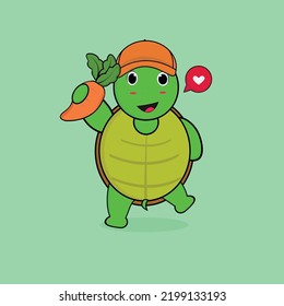 cute turtle in hat holding carrot with happy expression