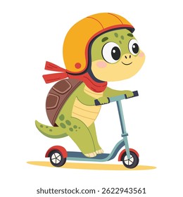 A cute turtle in a helmet riding a scooter. Happy character on a scooter. Vector children illustration isolated on white background.