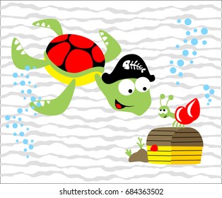 Cute turtle and hermit crab with treasure chest undersea, vector cartoon illustration