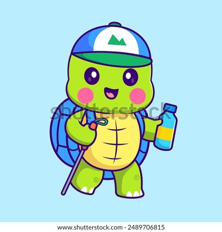 Cute Turtle Hiking With Bottle Cartoon Vector Icon Illustration. Animal Holiday Icon Concept Isolated Premium Vector. Flat Cartoon Style