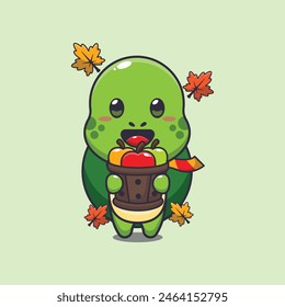 Cute turtle holding a apple in wood bucket. Mascot cartoon vector illustration suitable for poster, brochure, web, mascot, sticker, logo and icon.