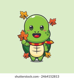 Cute turtle holding autumn leaf. Mascot cartoon vector illustration suitable for poster, brochure, web, mascot, sticker, logo and icon.