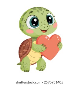 Cute turtle holding heart, funny animal valentine illustration. Hand drawn, Trendy flat style isolated adorable turtle animal, love reptile pet. Vector illustration