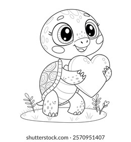 Cute turtle holding heart, funny animal valentine illustration doodle style. Hand drawn coloring page. Pet character black and white coloring book, art therapy, line art. Vector illustration