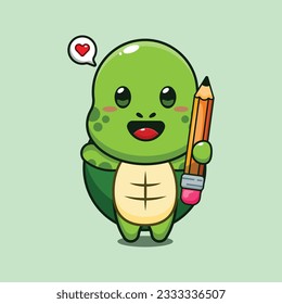 cute turtle holding pencil cartoon vector illustration.