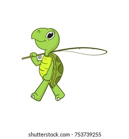 cute turtle holding road fishing cartoon vector illustration