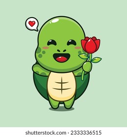 cute turtle holding rose flower cartoon vector illustration.
