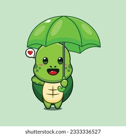 cute turtle holding umbrella cartoon vector illustration.