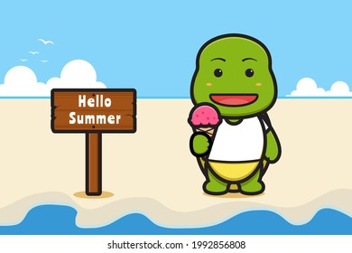 Cute turtle and ice cream with a summer greeting banner cartoon vector icon illustration. Design isolated on blue. Flat cartoon style.