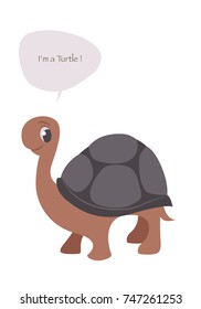Cute turtle isolated on white background and speech balloon. Vector Illustration
