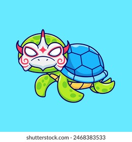 Cute Turtle With Kitsune Mask Cartoon Vector Icon Illustration. Animal Holiday Icon Concept Isolated Premium Vector. Flat Cartoon Style