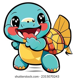 cute turtle laughing on a white background, cartoon style, character for a mobile game